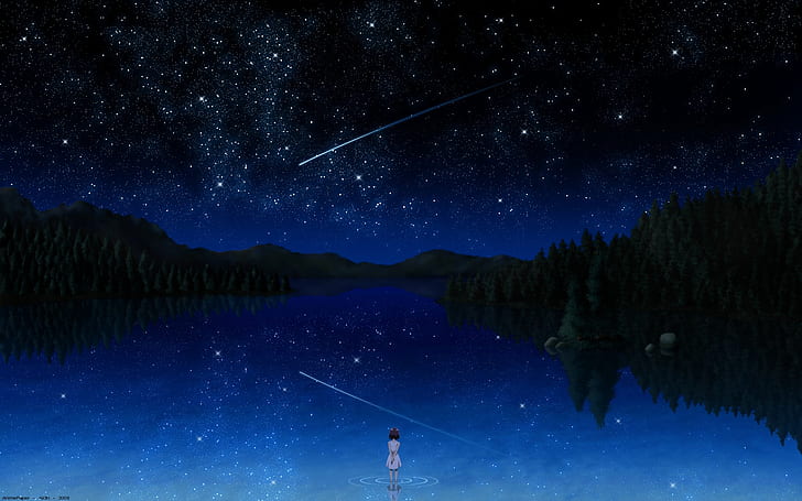 물 나무 밤 별 검은 애니메이션 호수보다 어둡다 애니메이션 소녀 떨어지는 별 1920x1200 wallpap 자연 호수 HD 아트, 물, 나무, HD 배경 화면