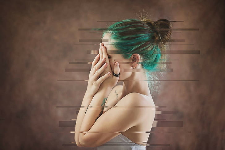women, dyed hair, covering face, photo manipulation, tattoo, rings, blue hair, HD wallpaper