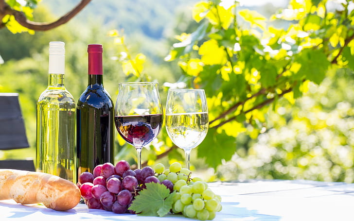 白ワイン、赤ワイン、ワイン、果物、ブドウ、ガラス、ボトル、白ワイン、赤ワイン、ワイン、果物、ブドウ、ガラス、ボトル、 HDデスクトップの壁紙