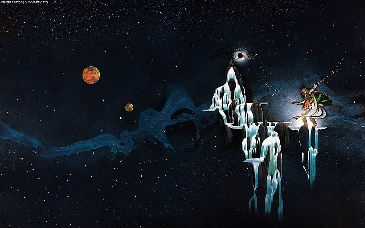 three planets illustration, space, mythology, Uriah Heep, music, artwork, space art, Roger Dean, HD wallpaper