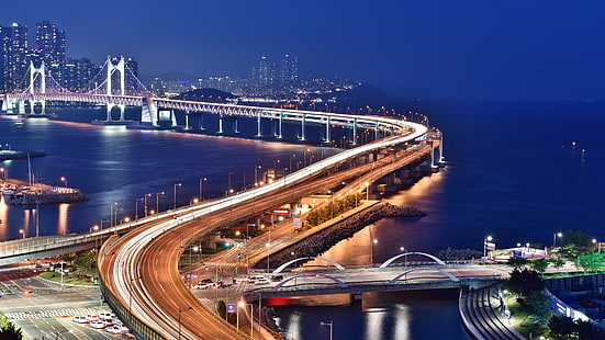 空、吊り橋、夕暮れ、アジア、韓国、釜山、ダイヤモンド橋、高速道路、夜、観光名所、橋、長時間露光、光の道、大都市、夜、広安大橋、広大大橋、都市景観、都市、水路、 HDデスクトップの壁紙 HD wallpaper