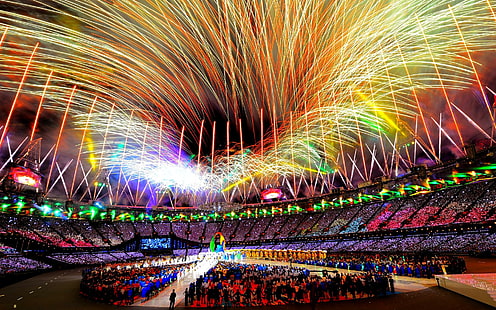 Olympics 2012, fireworks, 2012, closing, the stadium, the olympics, london, 3d and abstract, HD wallpaper HD wallpaper