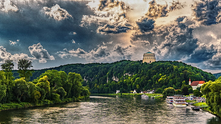 кафяв бетонен замък, заобиколен от гора, Бавария, река, дървета, небе, hdr, HD тапет