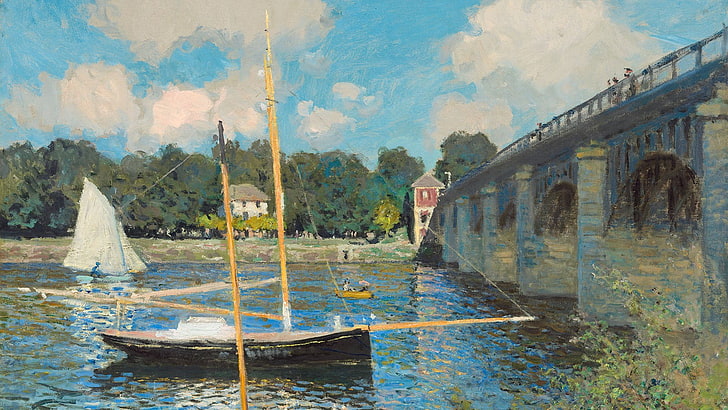 Schwarzweiss-Segelboot unter Brückenmalerei, Grafik, Claude Monet, Malerei, Brücke, Fluss, Frankreich, klassische Kunst, HD-Hintergrundbild