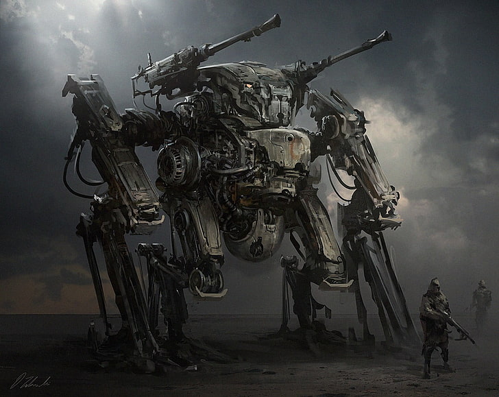 szara tapeta robota, robot, Darek Zabrocki, science fiction, grafika, Tapety HD