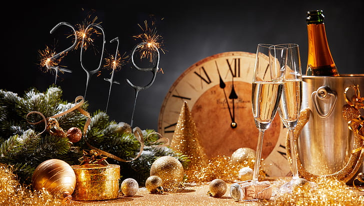2019 (anno), anno nuovo, numeri, orologi, ornamenti natalizi, Sfondo HD