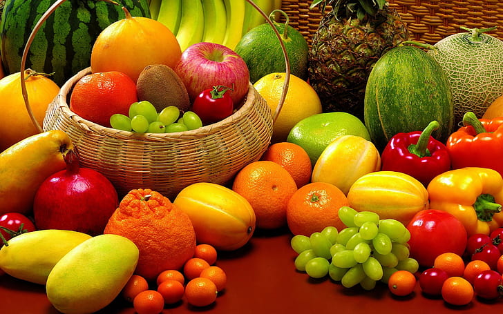 Фрукты и овощи, еда, киви, банан, яблоки, виноград, перец, дыни, HD обои