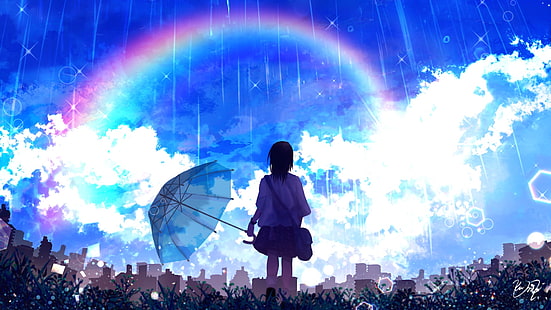  Anime, Girl, Rain, Rainbow, Schoolgirl, Sky, HD wallpaper HD wallpaper