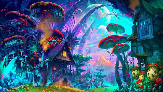 two houses painting, house surrounded by mushrooms wallpaper, fantasy art, drawing, nature, psychedelic, colorful, house, mushroom, planet, plants, mountains, HD wallpaper HD wallpaper
