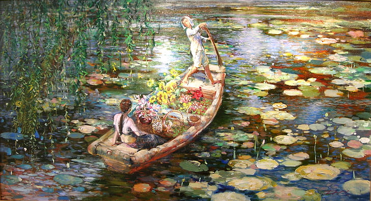 Liboat, lovers, marsh, girl, nature, water paddles, flowers, enjoying, ride, boat, grasses, 3d and ab, HD wallpaper