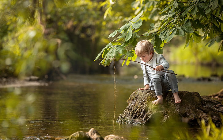 Fluss, Angeln, Junge, HD-Hintergrundbild