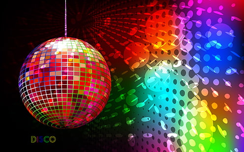Disco Rainbow Ball, red disco ball, ball, disco, rainbow, music, HD wallpaper HD wallpaper
