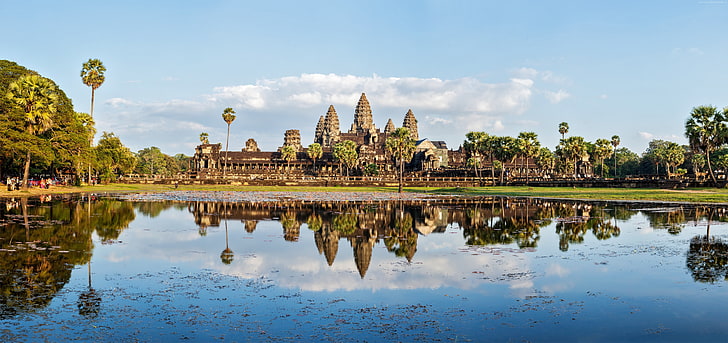 архитектура, 5К, Камбоджа, озеро, деревья, HD обои