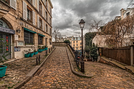 camino, calle, pavimento, viejo, París, Montmartre, ciudad, Fondo de pantalla HD HD wallpaper