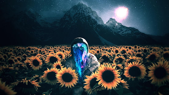 Astronaut, Sonnenblumen, 4 K, HD-Hintergrundbild HD wallpaper