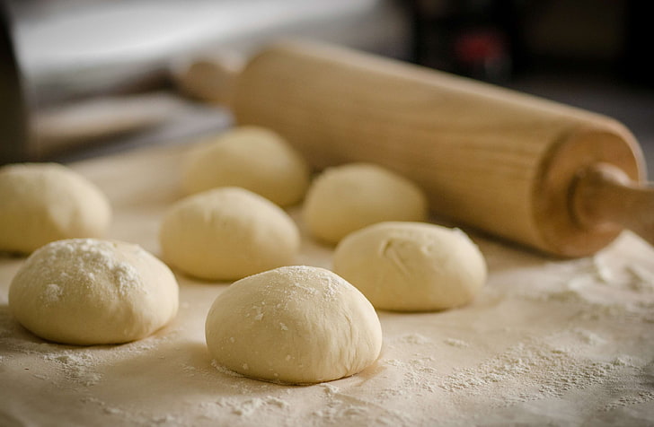 bake, bakery, baking, buns, dough, flour, kitchen, recipe, rolling pin, HD wallpaper