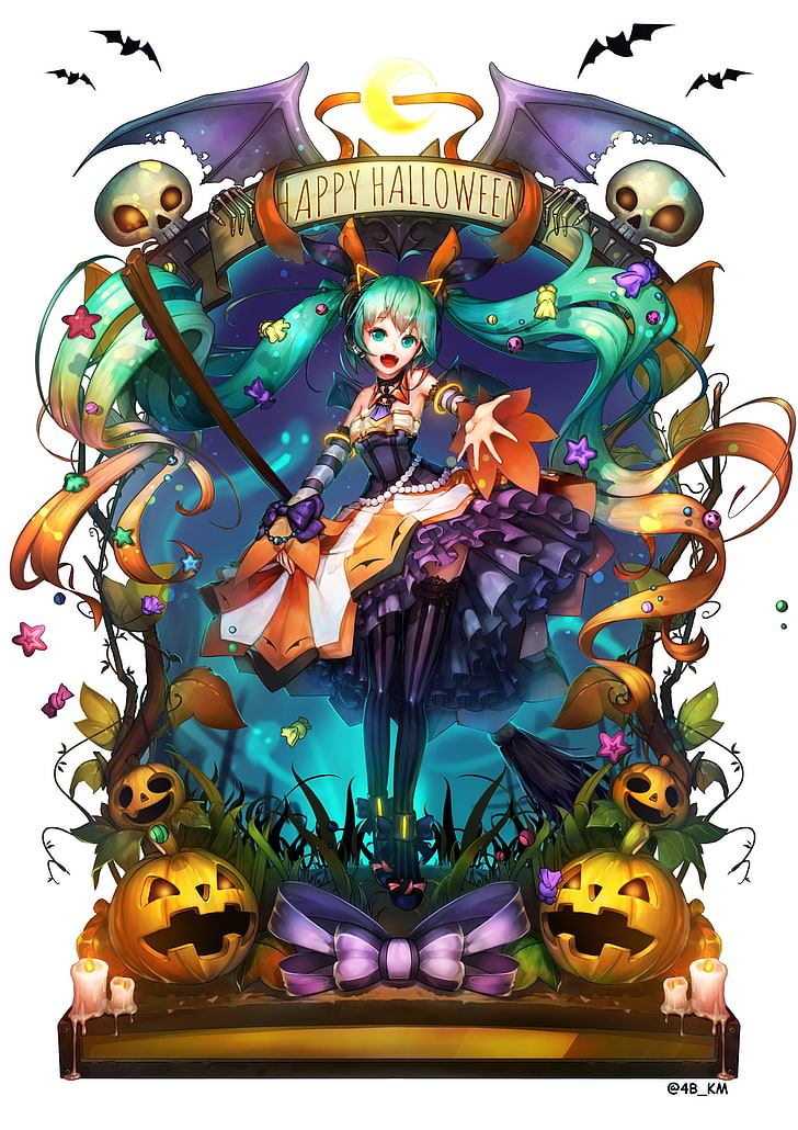 Hatsune Miku, Halloween 2016, Kürbisse, Kleid, Lächeln, Twintails, Vocaloid, Anime, HD-Hintergrundbild, Handy-Hintergrundbild