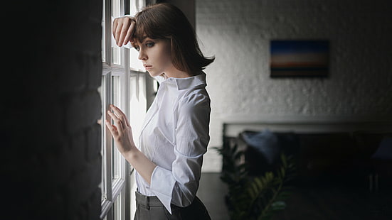 жени, Оля Пушкина, бяла риза, портрет, Сергей Дебел, HD тапет HD wallpaper