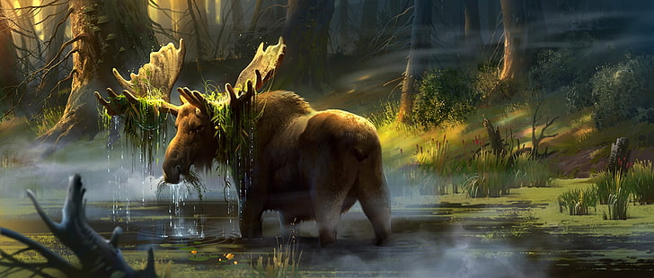 brown moose in river painting, forest, trees, horns, art, moose, swamp, HD wallpaper