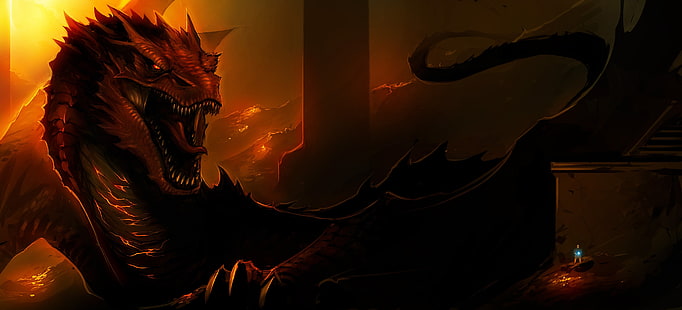 赤いドラゴンの図、火、ドラゴン、アート、ロードオブザリング、ホビット、ホビット：スマウグの荒廃、スマウグ、 HDデスクトップの壁紙 HD wallpaper