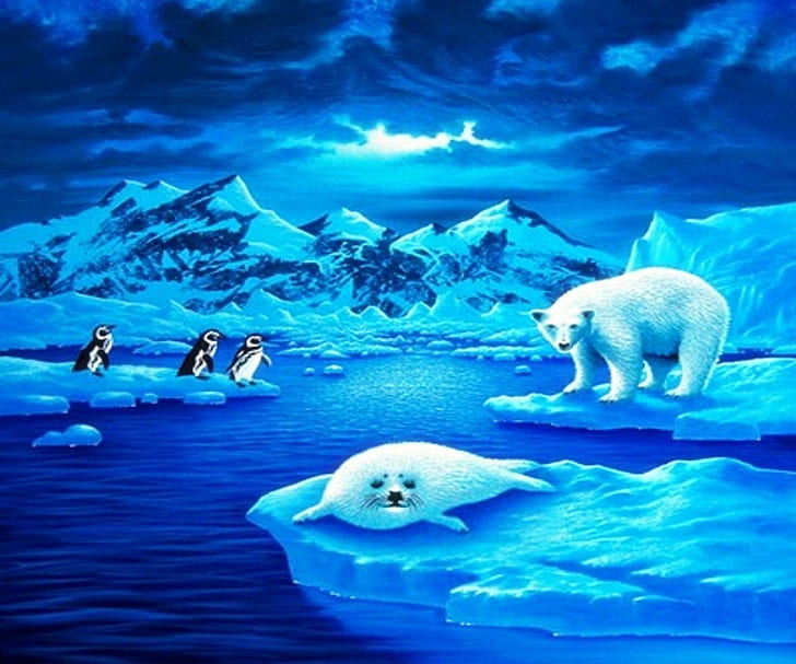 «Волшебный синий айсберг», белые медведи, мороз, снег, рисунки, тюлени, синий, айсберги, пингвины, белый, животные, зима, исчезающие виды, живопись, HD обои