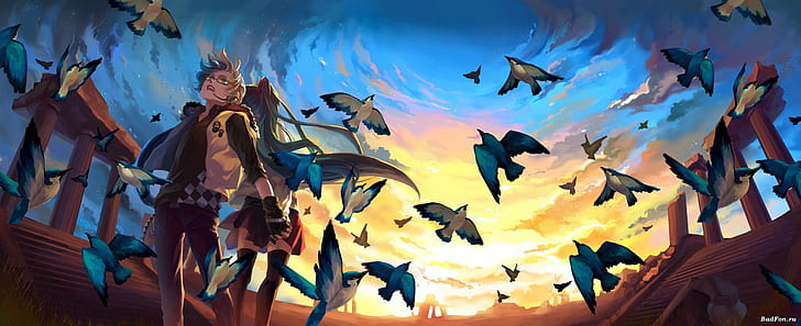 fantasy art, anime girls, anime, birds, HD wallpaper