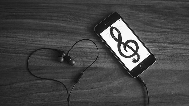 music, love, heart, phone, cell phone, black, black and white, photography, monochrome photography, monochrome, mobile, technology, treble clef, headset, HD wallpaper