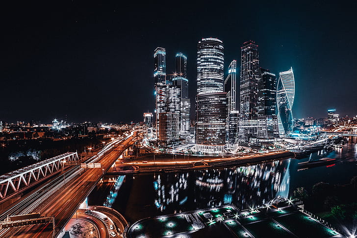 luzes da cidade, Moscou, noite, paisagem urbana, linha do horizonte, arranha céu, HD papel de parede