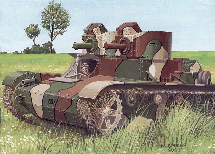 field, grass, figure, art, tank, exercises, easy, Polish, two, The 1930-ies, 92 mm machine guns, Ckm wz.30, armed, two-towered, the driver, 7TP, HD wallpaper