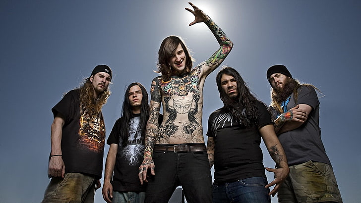 five male band group wallpaper, suicide silence, tattoo, rockers, sky, sun, HD wallpaper
