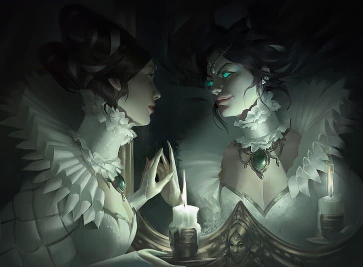 Marie Magny, demon girls, white clothing, candles, white dress, young woman, candle holder, digital art, women, mirror, hair, smile, smiling, evil, demon, dress, eyes, glowing eyes, open mouth, dark, horror, fan art, pearl necklace, Long Neck, long nails, digital painting, white nails, messy hairbun, necklace, pale, face, reflection, thick eyebrows, hairbun, nails, grin, artwork, dark hair, black hair, fingers, cleavage, blue eyes, wavy hair, jewelry, caressing, ArtStation, HD wallpaper
