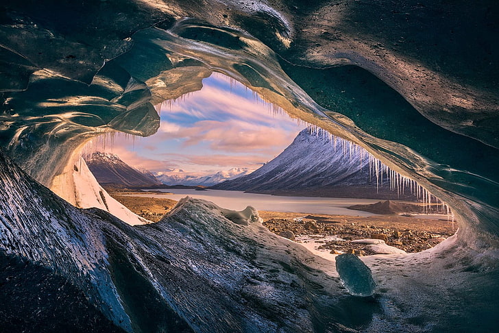 interior de la cueva, carámbano, cueva, isla, Canadá, montañas, frío, pico nevado, heladas, hielo, naturaleza, paisaje, Fondo de pantalla HD
