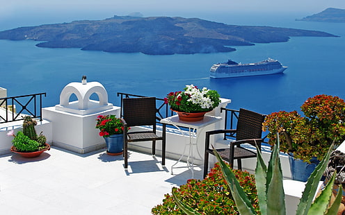 Photography, Scenic, Aegean, Blue, Chair, Cyclades, Greece, Greek, Island, Mediterranean, Mykonos, Relax, Roof, Santorini, Sea, Table, Volcano, HD wallpaper HD wallpaper