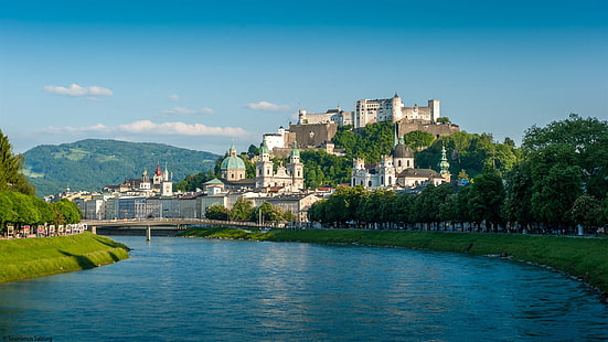 Salzburg, Austria, river, bridge, houses, mountains, Salzburg, Austria, River, Bridge, Houses, Mountains, HD wallpaper HD wallpaper
