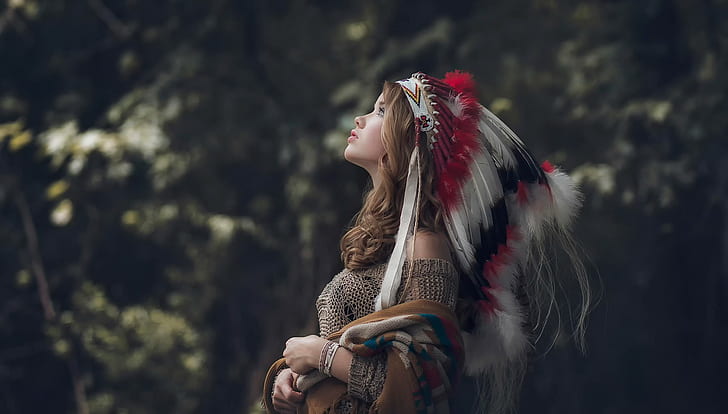 long hair, model, Pauly Pholwises, sweater, trees, women outdoors, feathers, women, profile, cardigan, brunette, nature, Native American clothing, open mouth, looking up, Abbie, depth of field, headdress, HD wallpaper