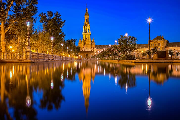 reflection, river, tower, lights, night city, Spain, Seville, Andalusia, Plaza of Spain, Espana, HD wallpaper