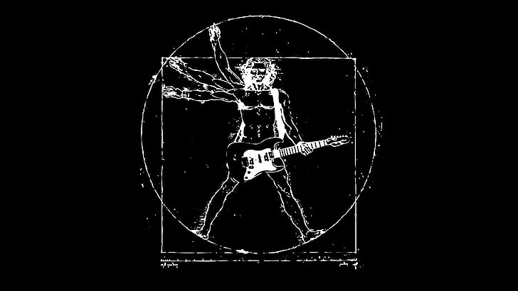Uomo vitruviano, chitarra, rock, musica, musica rock, chitarra elettrica, nero, Leonardo da Vinci, Sfondo HD
