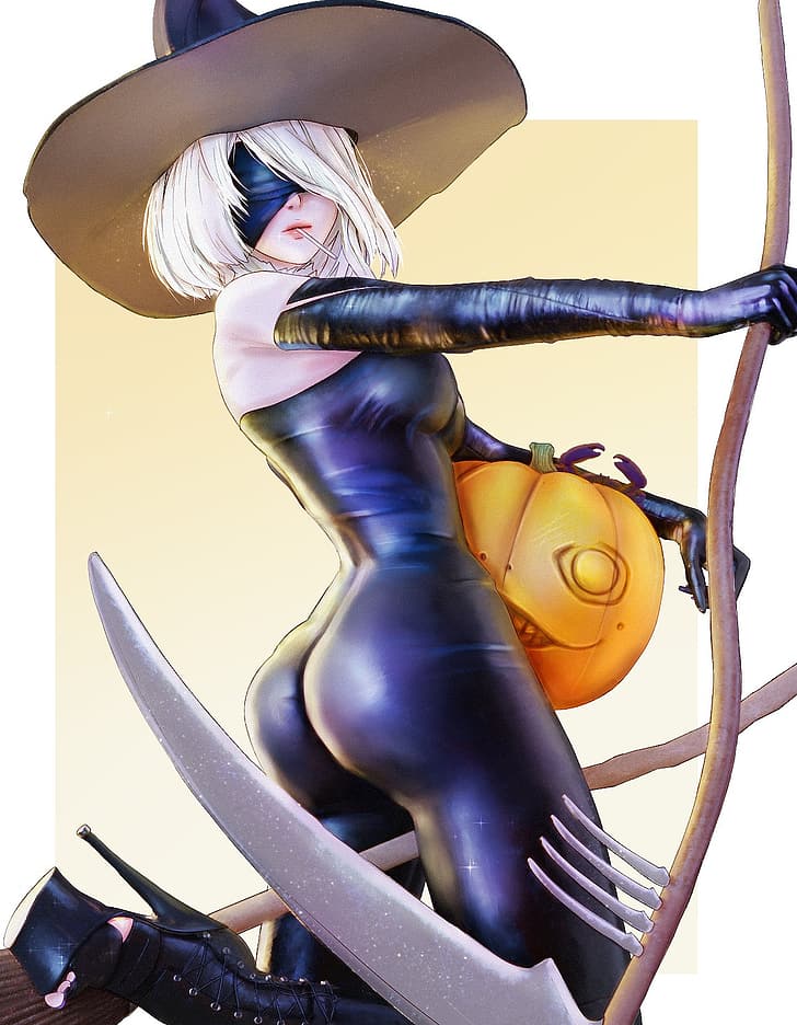 2B (Nier: Automata), witch hat, Halloween, scythe, Nier: Automata, high heels, witch, costumes, HD wallpaper