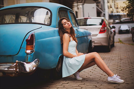 modello, ragazze, classico, automobili, macchine classiche, Sfondo HD HD wallpaper