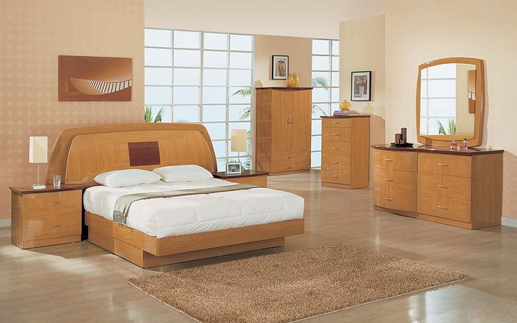 коричневый деревянный спальный гарнитур, интерьер, дизайн, стиль, дом, вилла, коттедж, гостиная, спальня, HD обои