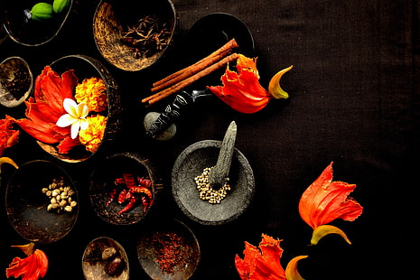 gray mortar and pestle, table, petals, spices, mortar, star anise, pepper, bowls, HD wallpaper HD wallpaper