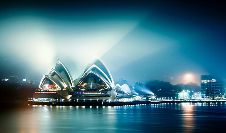 Sydney Opera House à noite, Sydney Opera House, à noite, Sydney Harbour, Nevoeiro, Cidade, Sydney Harbour, Austrália, água, noite, arquitetura, famoso lugar, paisagem urbana, Ásia, porto, urbano Skyline, cena urbana, cena urbana, cingapura, azul,rio, HD papel de parede