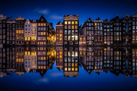 Города, Амстердам, Канал, Город, Дом, Нидерланды, Ночь, Отражение, HD обои HD wallpaper
