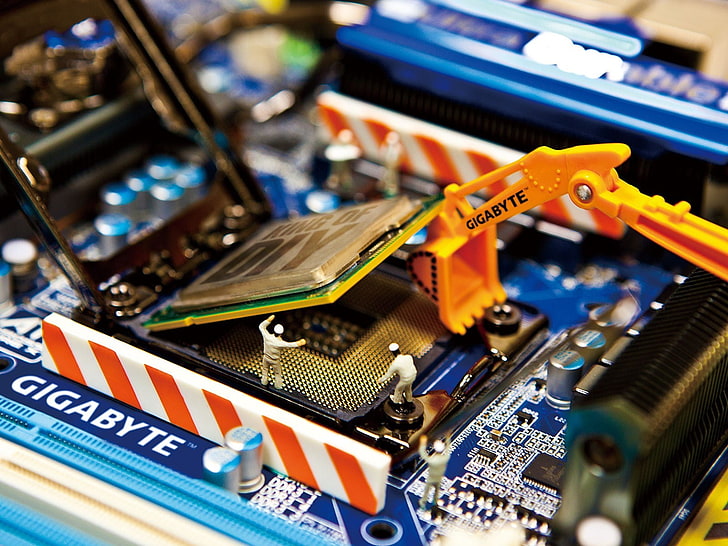 blue and black circuit board, Intel, work, Gigabyte, ultra durable , computer, socket, microchip, capacitors, motherboards, HD wallpaper