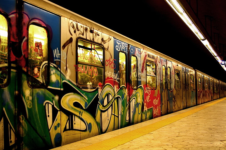 влак графити изкуство, метро, ​​превозно средство, влак, метро, ​​графити, HD тапет