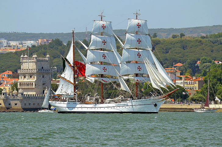 white galleon ship, river, sailboat, yachts, Portugal, Lisbon, Belém Tower, the Tagus river, bark, NRP Sagres III, Belem Tower, Tagus River, Sagres, HD wallpaper