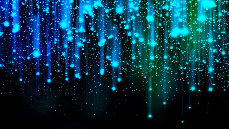 Blue and Green Falling Stars HD, 3d, blue, depth, falling stars, glow, green, rain, sparkle, HD wallpaper