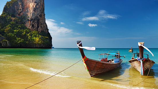 水域、レジャー、海岸、観光、ビーチ、休暇、海、水、ライレイビーチ、空、海、ボート、海岸、ボート、タイ、エキゾチックな、青い空、夏、熱帯、 HDデスクトップの壁紙 HD wallpaper