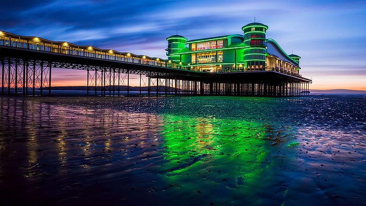 green lighted building, nature, landscape, architecture, water, lights, reflection, England, UK, sea, pier, sunset, hills, coast, sand, beach, evening, clouds, long exposure, building, HD wallpaper
