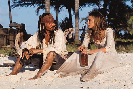 Карибски пирати, Карибски пирати: Проклятието на черната перла, Елизабет Суон, Джак Спароу, Джони Деп, Кийра Найтли, HD тапет HD wallpaper